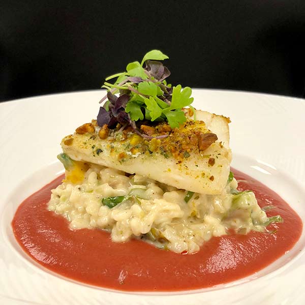 Pistachio-crusted cod over creamy risotto with vibrant gourmet sauce presentation