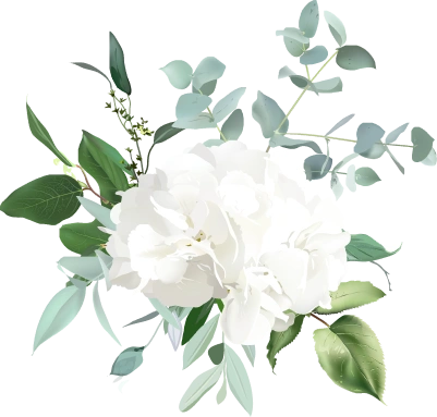 White hydrangea floral arrangement with eucalyptus leaves and soft green foliage.