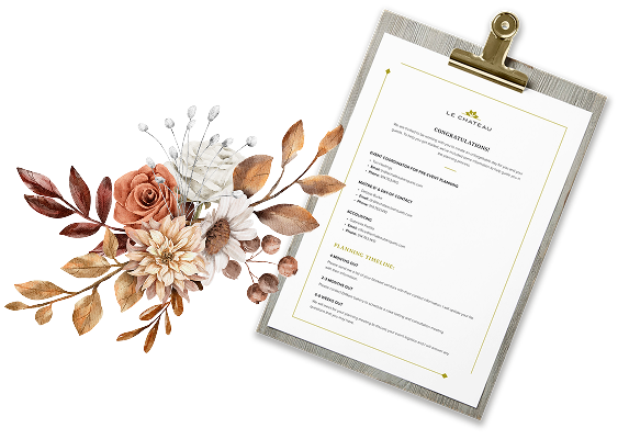 Le Chateau event checklist on a clipboard next to a warm-toned floral arrangement.