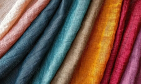 Folds of colorful woven linen fabric swatches arranged diagonally.