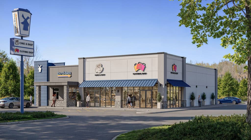 Dutch Bros Coffee store located in a modern commercial shopping center with a blue awning and large glass windows.