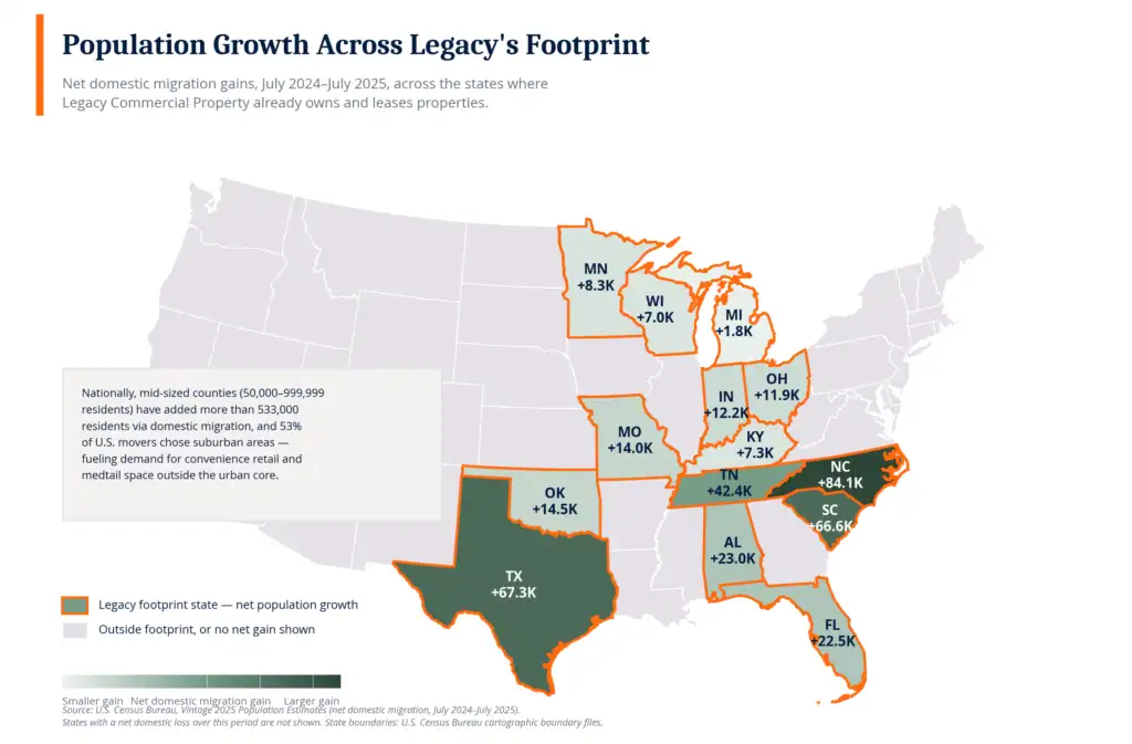 Map showing population growth in states with Legacy Commercial Property ownership, highlighting states like Texas, Florida, and North Carolina.