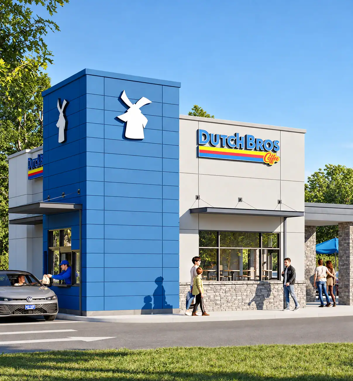 Exterior view of Dutch Bros Coffee shop with blue and white facade, logo, and customers outside on a sunny day.