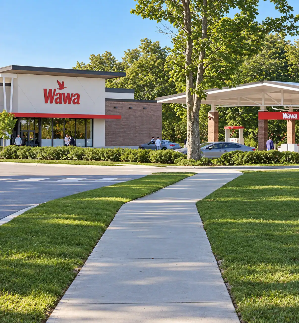 Exterior view of a Wawa convenience store with a parking lot and green lawn in front, under a clear blue sky.