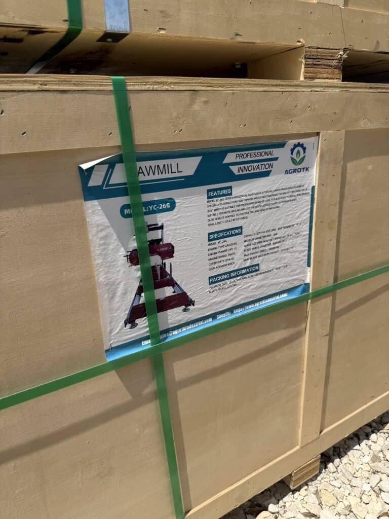 Industrial sawmill equipment in packaging crate for sale.