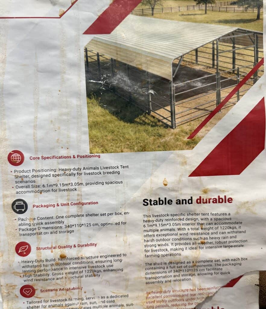 Heavy-duty livestock shelter tent for farm, durable and weather-resistant.