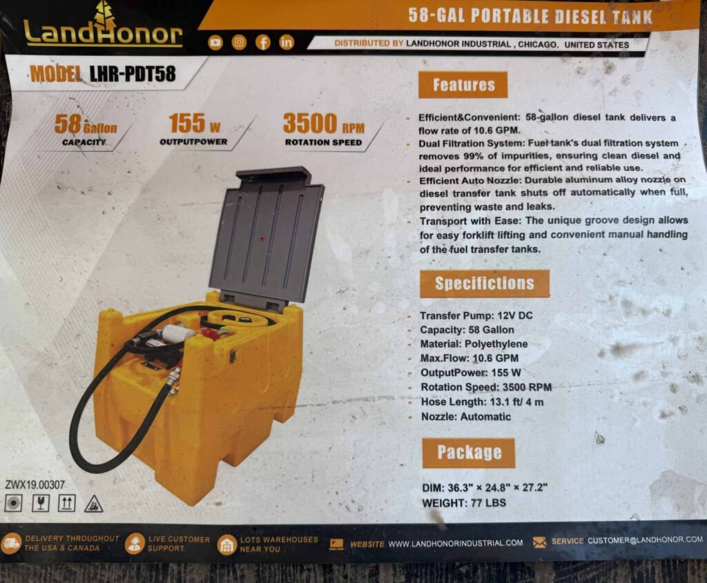 Landa 58-GA portable diesel fuel tank with pump and hose for industrial use.