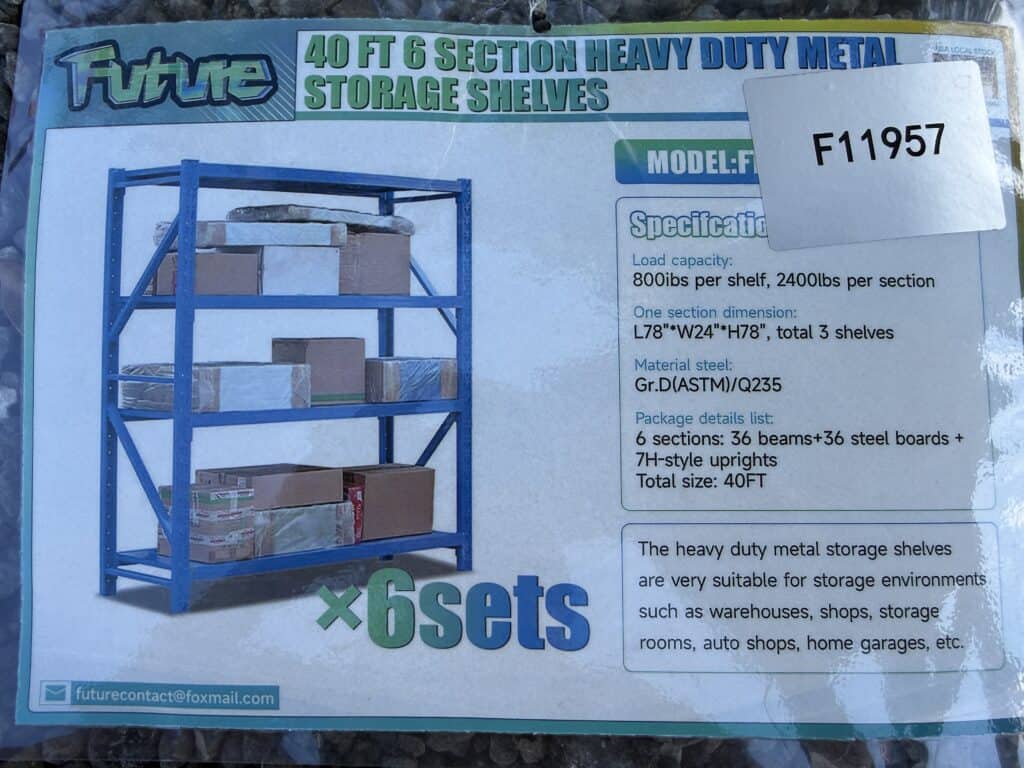 40 ft heavy duty metal storage shelves with 6 sections at auction.