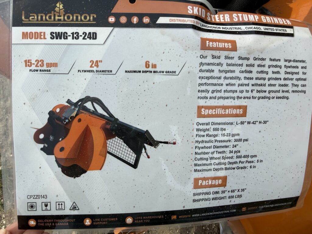 Landhonor stump grinder for sale, model SWG-13-24D, with 24-inch flywheel diameter and 6-inch max. D.