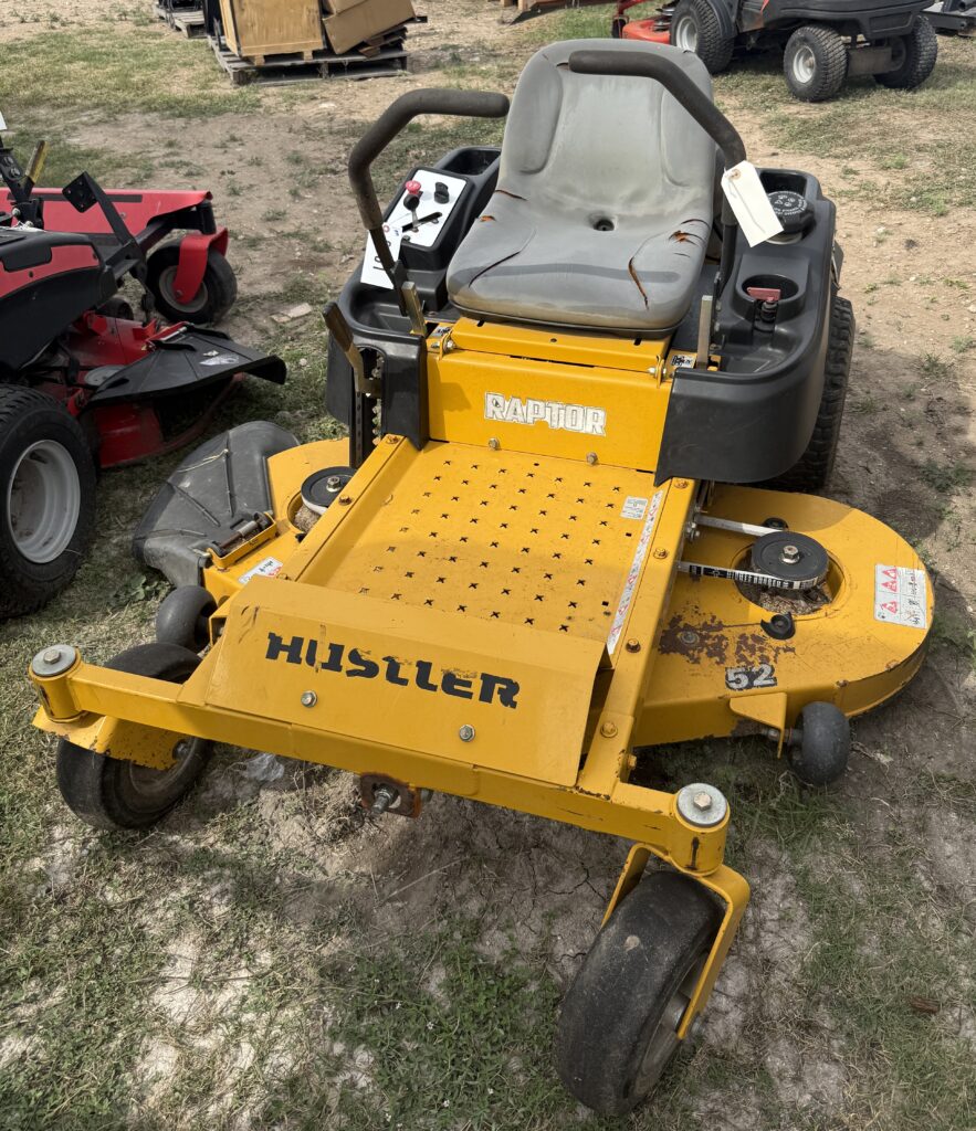 Yellow Hustler Raptor zero-turn mower for sale at auction.