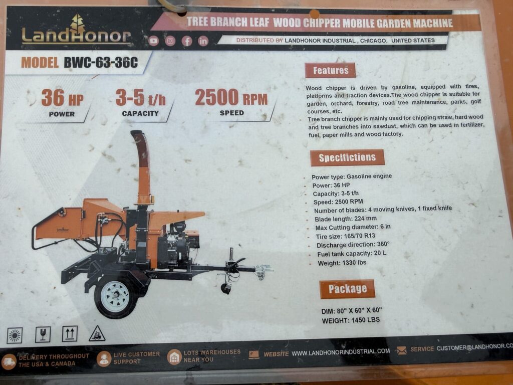 LandaHog wood chipper for sale at auction, model BW-638-86C, 36 HP, 3.5 inch capacity.