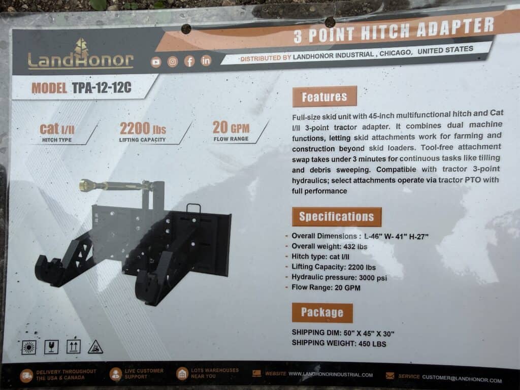 Landhonor 3 Point Hitch Adapter for tractors at October 10th auction.