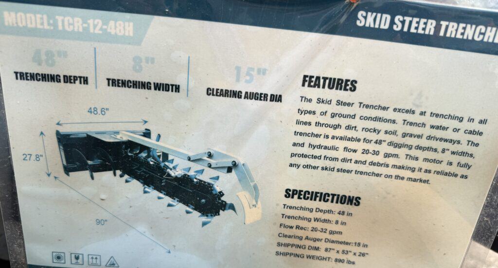 Skid steer trencher with detailed specifications and features.