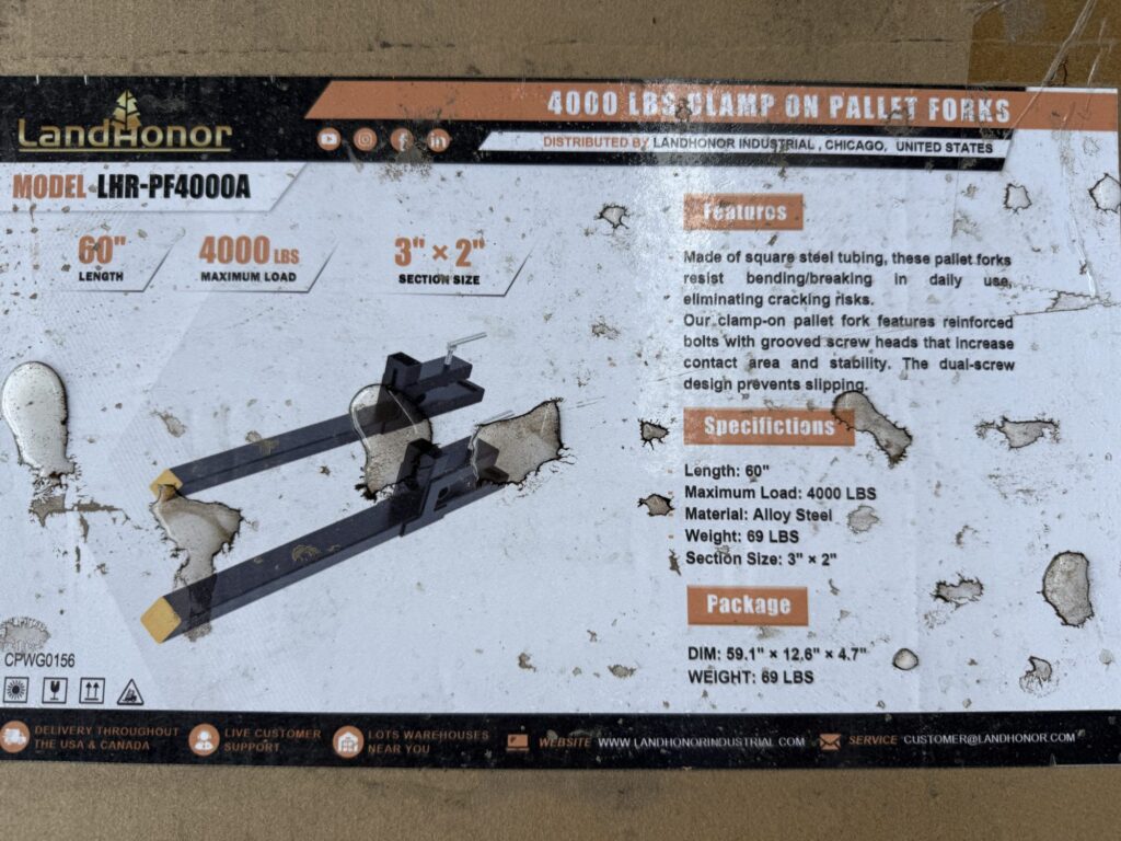 Heavy-duty pallet fork attachment for loaders, model LPF-P4000A, 4000 lbs capacity.