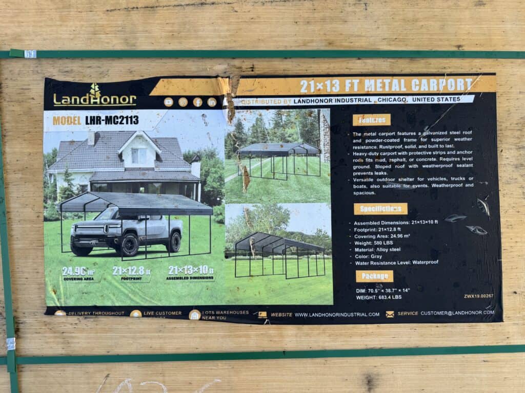 21x13 ft metal carport displayed at October 3rd consignment auction.