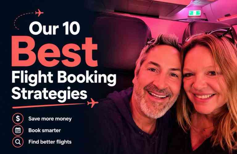 Travel couple smiling on airplane, promoting flight booking strategies.
