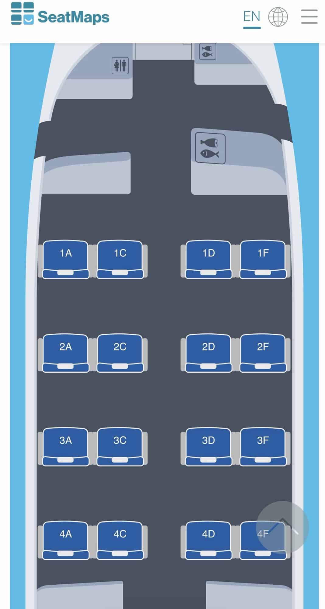 Airplane seat map showing seats 1A, 1C, 1D, 1F, 2A, 2C, 2D, 2F, 3A, 3C, 3D, 3F, 4A, 4C, 4D, 4F.