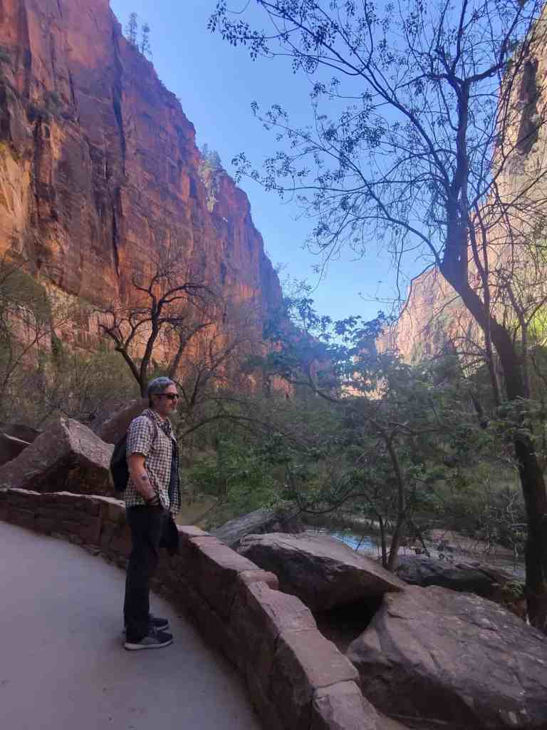 Man hiking along a trail in Zion National Park with towering cliffs and trees.