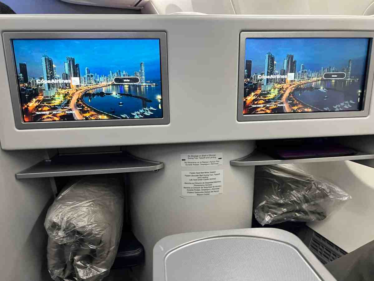 Airplane seat with dual screens showing city skyline at night.