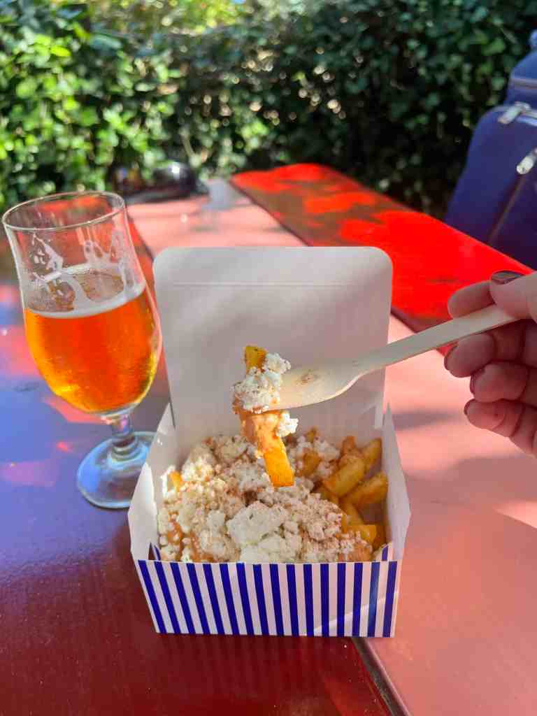 Food box with fries and drink at outdoor setting during travel.