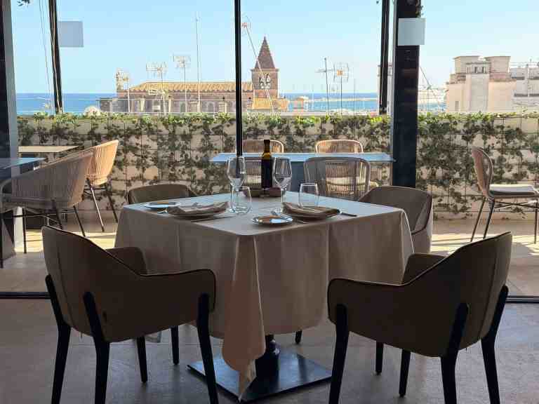 Elegant restaurant table set for two with cityscape view in the background.