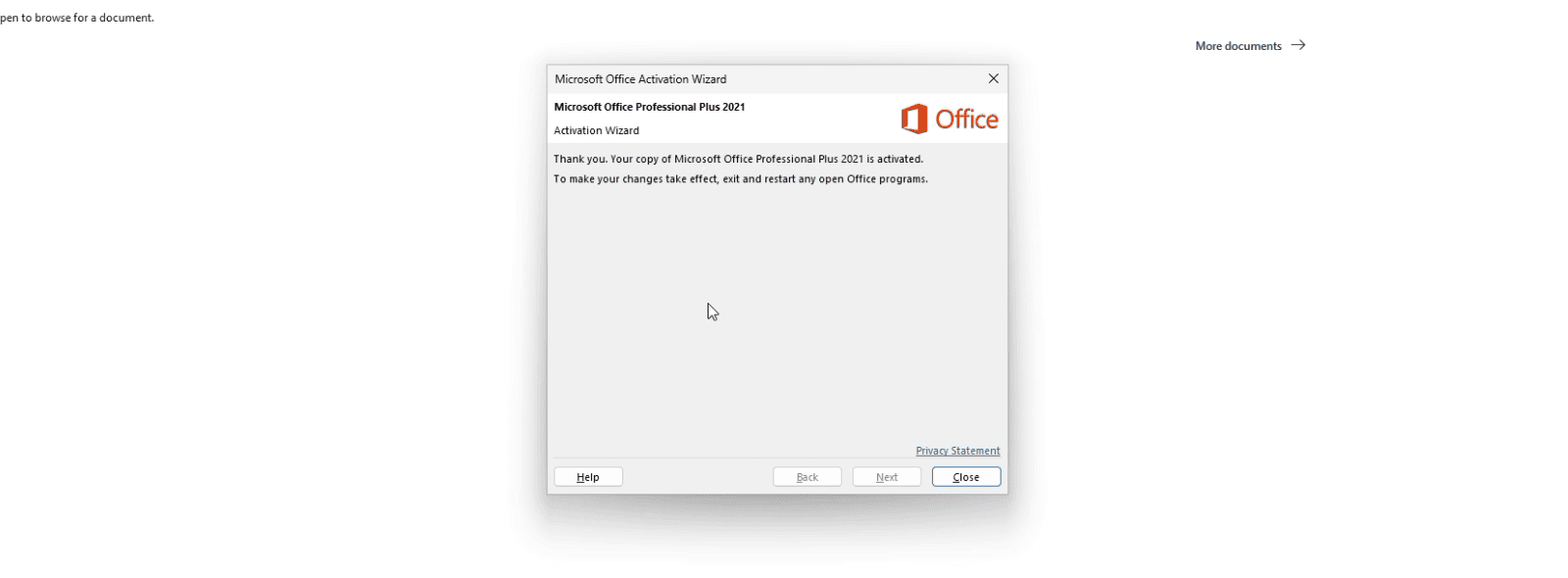Paso 20 de la activación de Office por CID