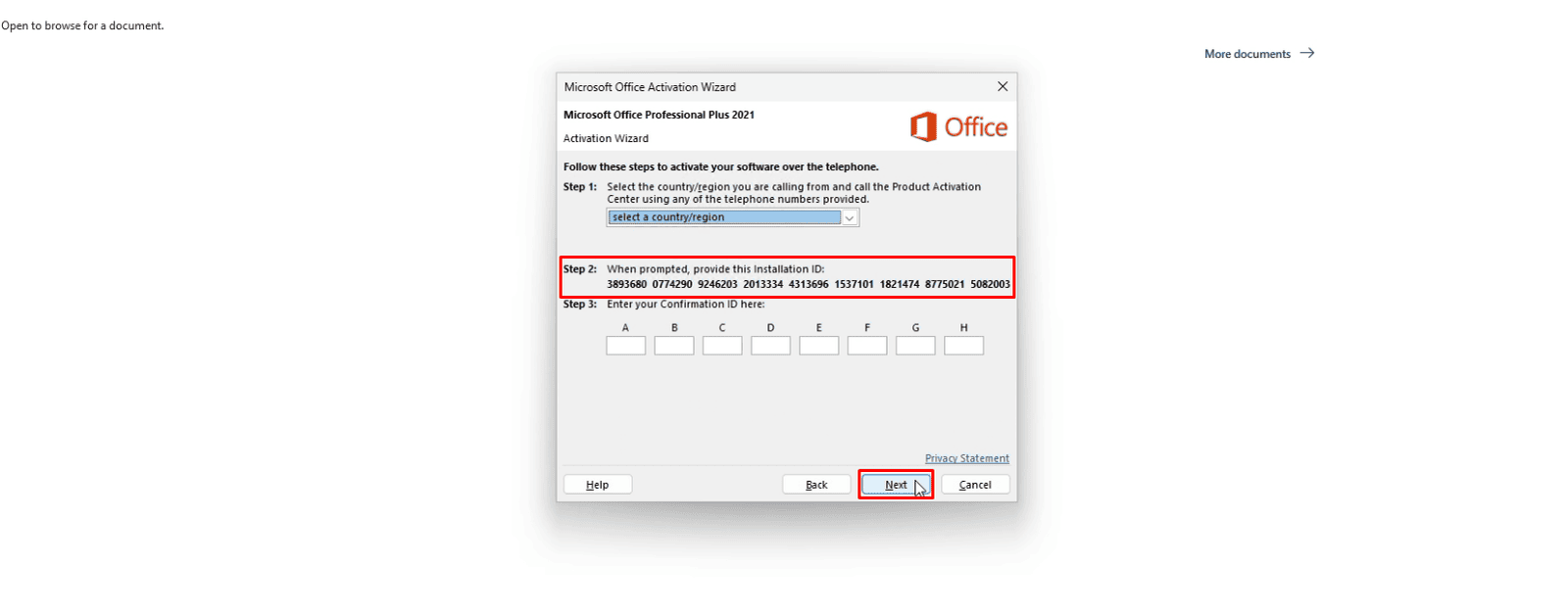 Paso 7 de la activación de Office por CID