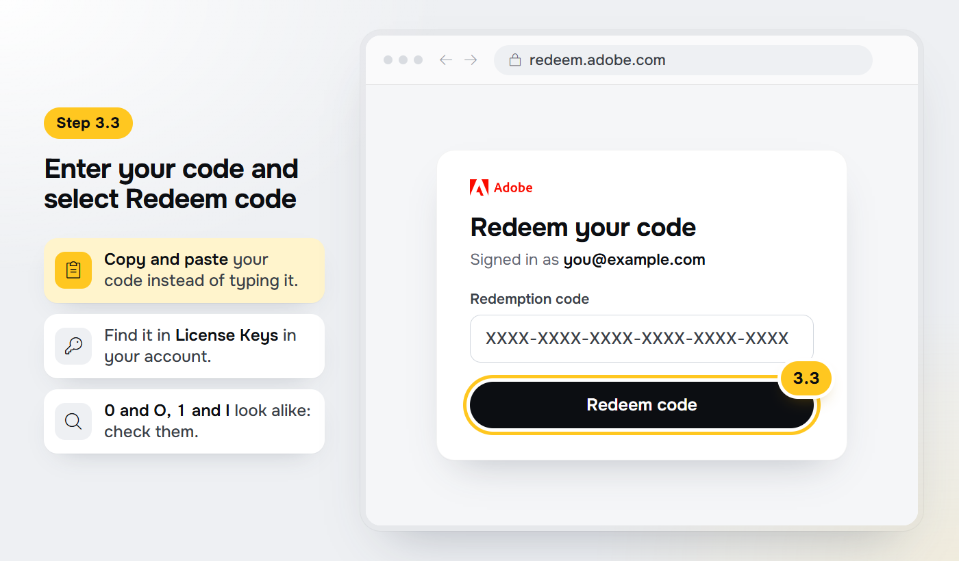 Enter your Adobe redeem code and select Redeem code