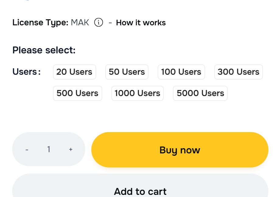 Users selector on the Windows 11 Professional MAK product page: choose the number of activations