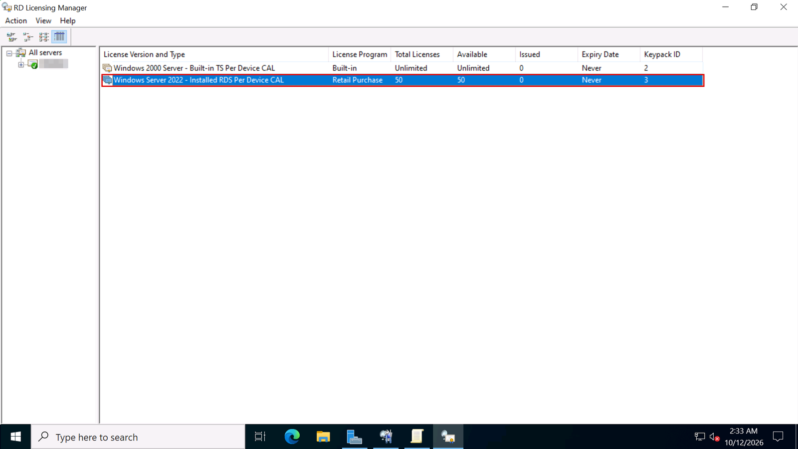 RD Licensing Manager showing Windows Server 2022 RDS Per Device CALs installed on our test server