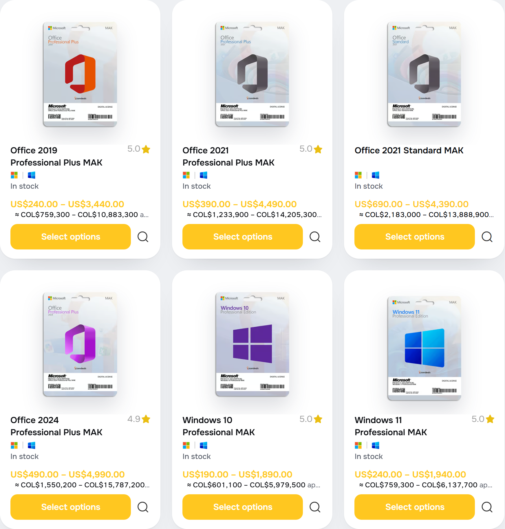 The six MAK Volume Licenses at Licendeals: Office 2019, 2021 and 2024 Professional Plus, Office 2021 Standard, Windows 10 and 11 Professional