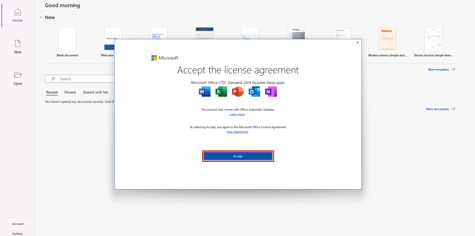 Accept the license agreement of Office LTSC Standard 2024