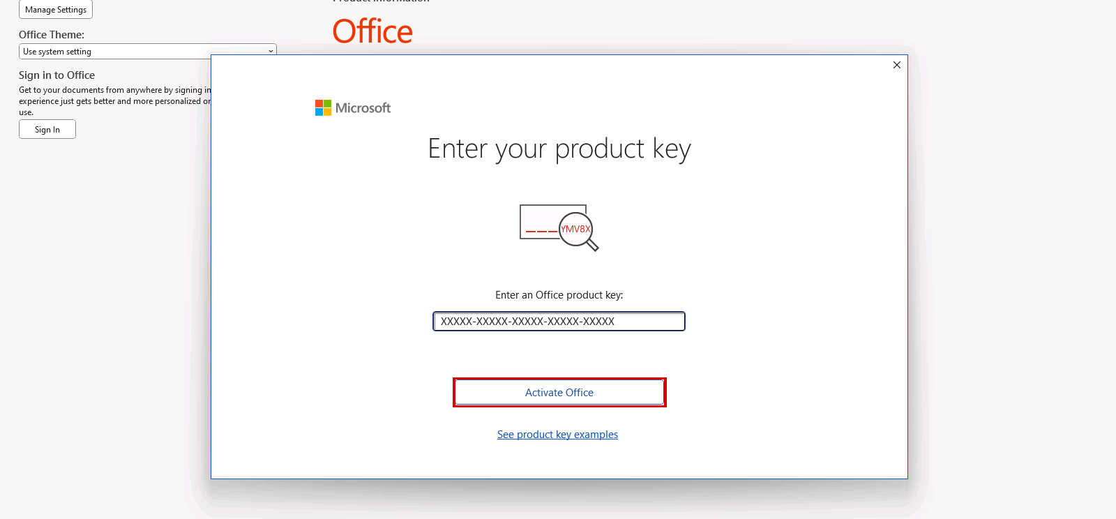 Enter your product key window in Office LTSC Professional Plus 2024, where the MAK is entered