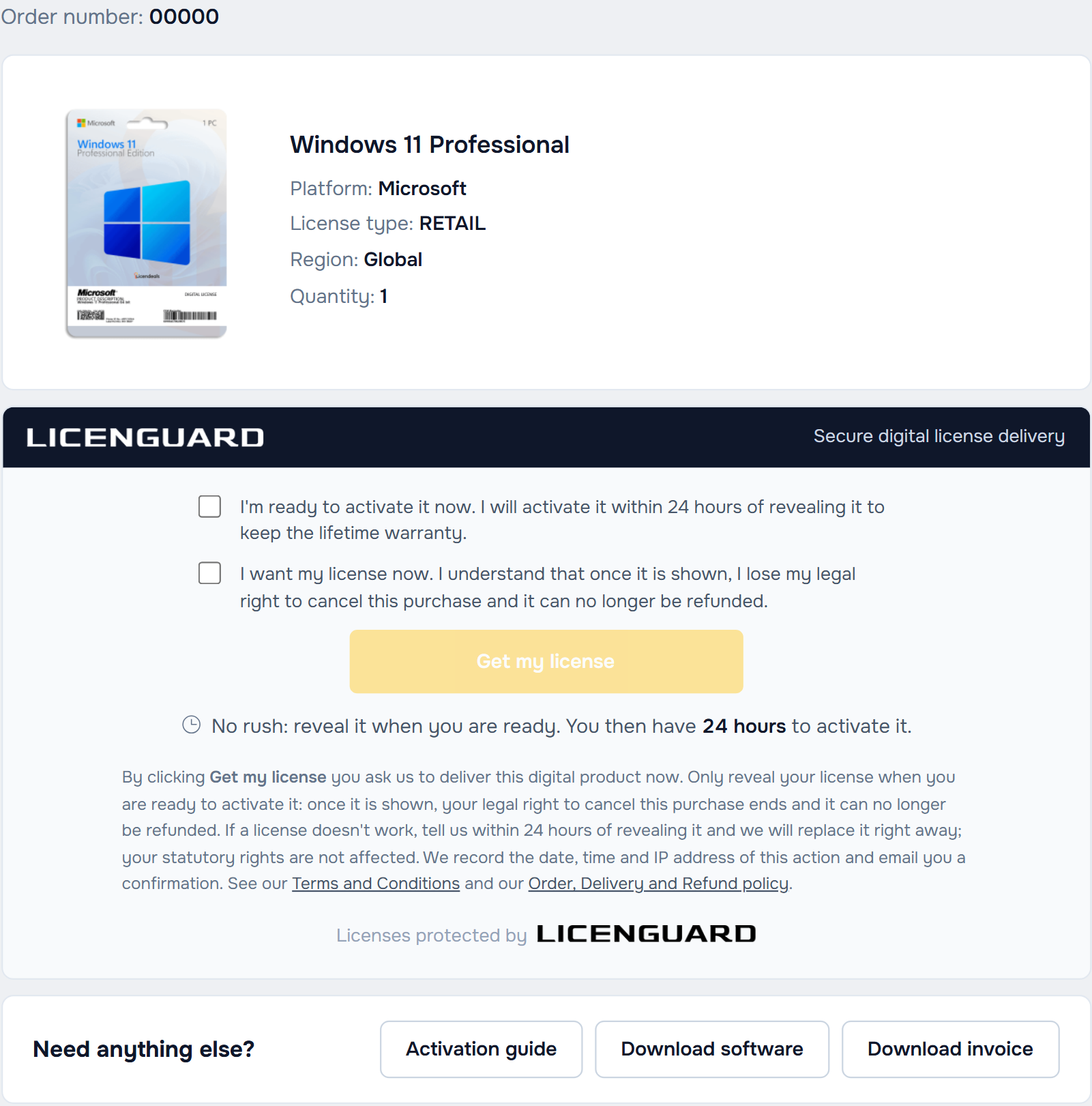Licendeals license page before you reveal the key: product, license type, two boxes to tick and the Get my license button