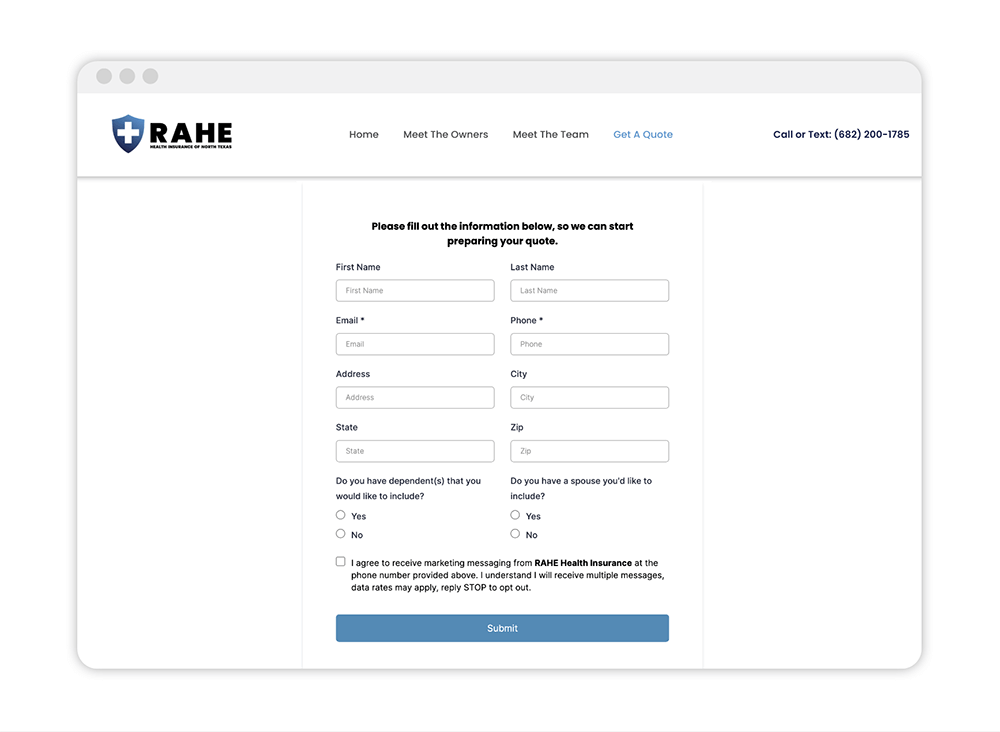 A lead capture form on a Rahe website, designed to generate leads and capture customer information.