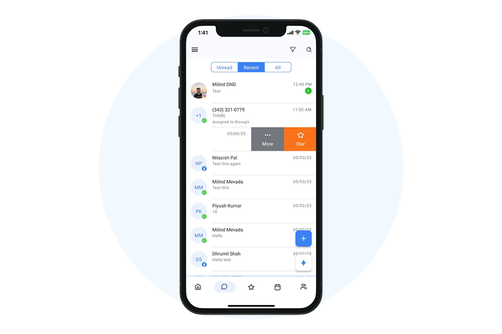 A mobile app's chat interface, facilitating real-time communication with leads and customers.