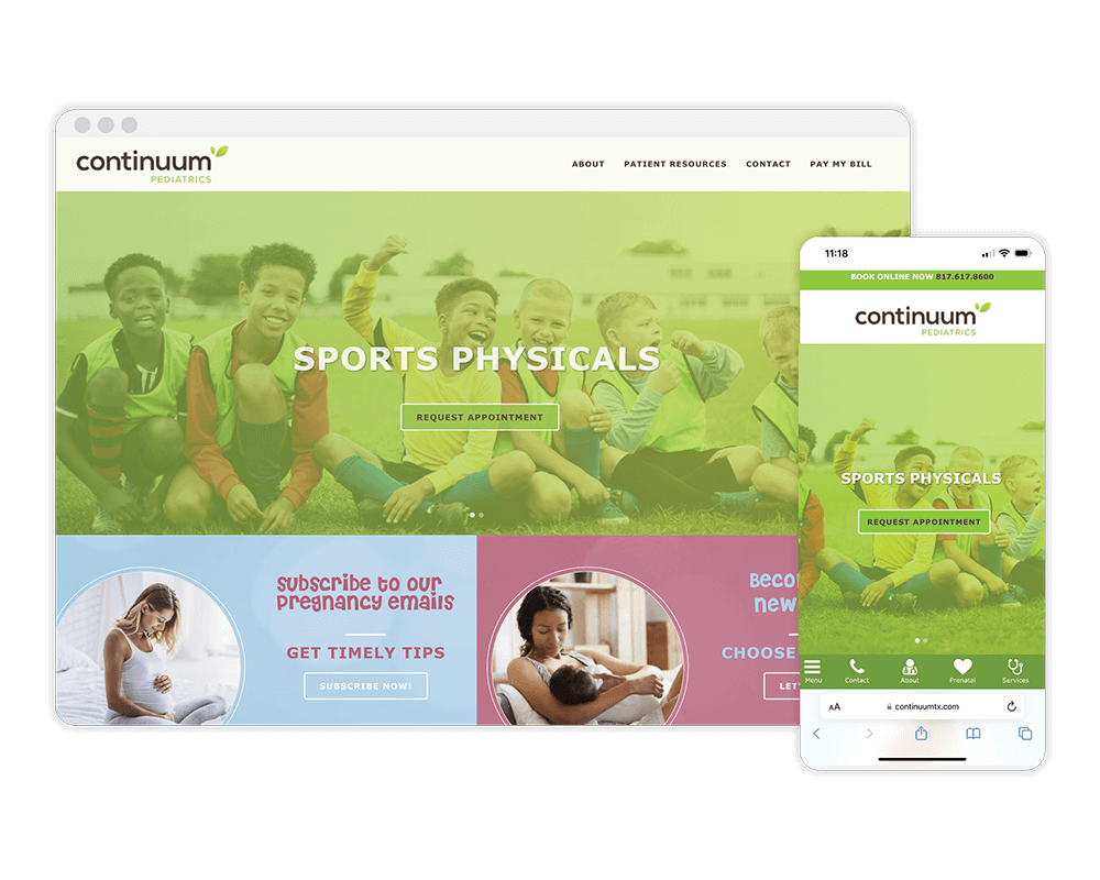A screenshot of Continuum Pediatrics' website showcasing online results on desktop and mobile view