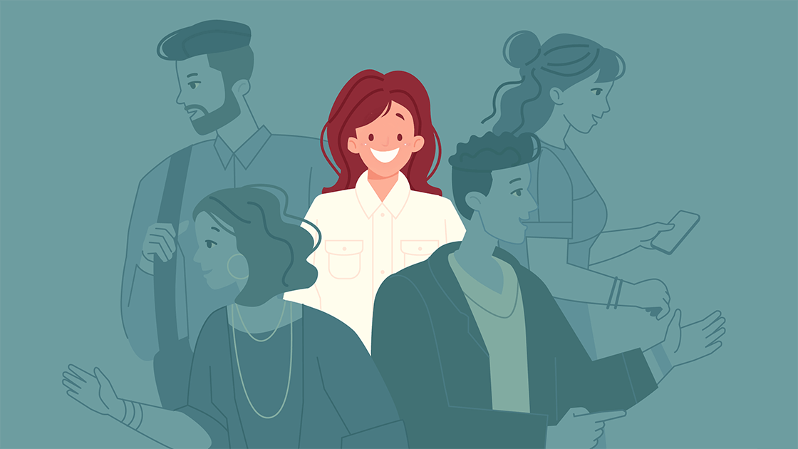 Cartoon showing a amall business owner surrounded by people not being noticed. Concept of social media not working