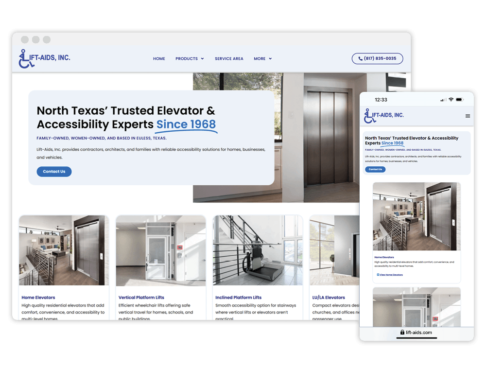 Lift Aids website displayed on desktop and mobile screens showing elevator and accessibility lift company in Euless TX