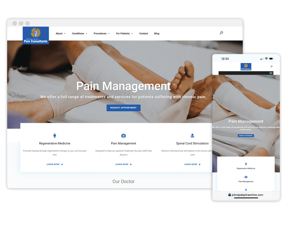 Principal Spine website displayed on desktop and mobile screens showing spine and pain management SEO results in Denton Carrollton TX