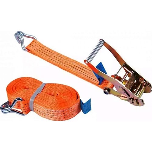 Heavy-duty orange lifting strap with ratchet for secure cargo lifting.