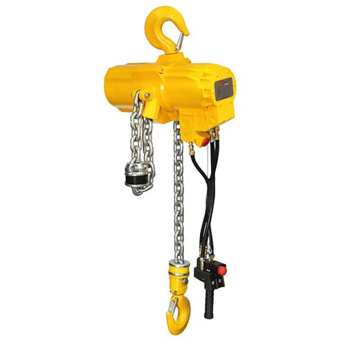 Yellow electric chain hoist with hooks and control switch for lifting tasks.
