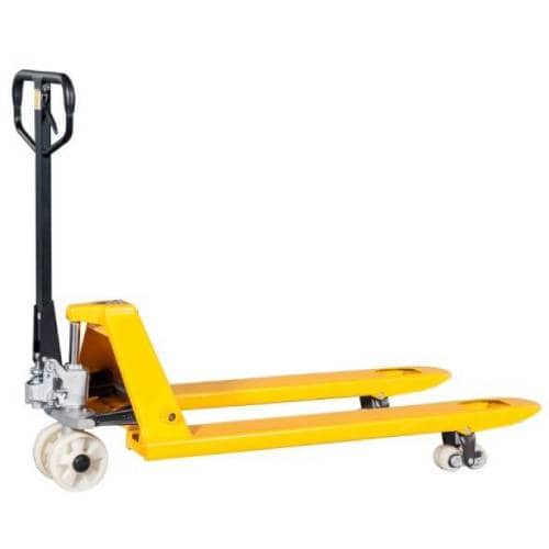 Yellow pallet jack for material handling and logistics tasks.