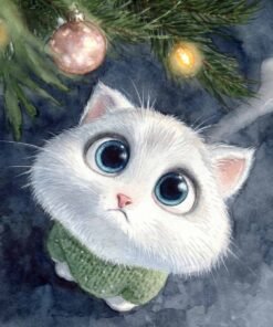 Behold: a fluffy white kitten, be-sweatered and blue-eyed, contemplating a Christmas tree aglow with baubles and feline curiosity.