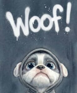A wide-eyed, floppy-eared pup in a hoodie posing like the Patrician of alleyways; “Woof!” scrawled above in cheerful anarchy.