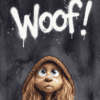 A mischievous brown dog with untidy locks and imploring blue eyes gazes upwards as "Woof!" is scrawled in daring white graffiti.