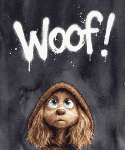 A mischievous brown dog with untidy locks and imploring blue eyes gazes upwards as "Woof!" is scrawled in daring white graffiti.