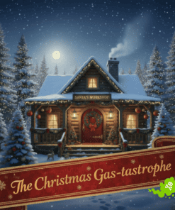 Santa’s Workshop—where snow’s deep, pine trees mutter, and even the moon looks dubious. Below: banner proclaims “The Christmas Gas-tastrophe,” replete with a green miasma and an optimistic skull.