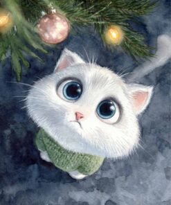 A white kitten in a green jumper stares, awe-struck, at festive tree baubles and lights—small paws pondering cosmic mystery on blue.