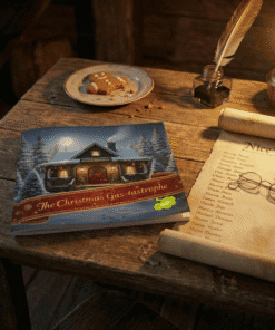 On a well-meaning wooden table: biscuits, “The Christmas Gas-tastrophe,” quill, lamp, spectacles, and a much-annotated Nice List.